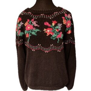 Vintage 80s / 90s Women’s Black Floral Knit Sweater Cambridge Dry Goods S